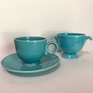 Vintage Fiesta turquoise teacup, saucer, and sugar